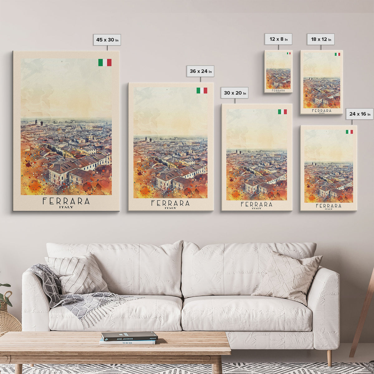 Ferrara Italy Historic Watercolor Framed Canvas Print, Elegant Travel Poster Art for Living Room and Office Wall Decor
