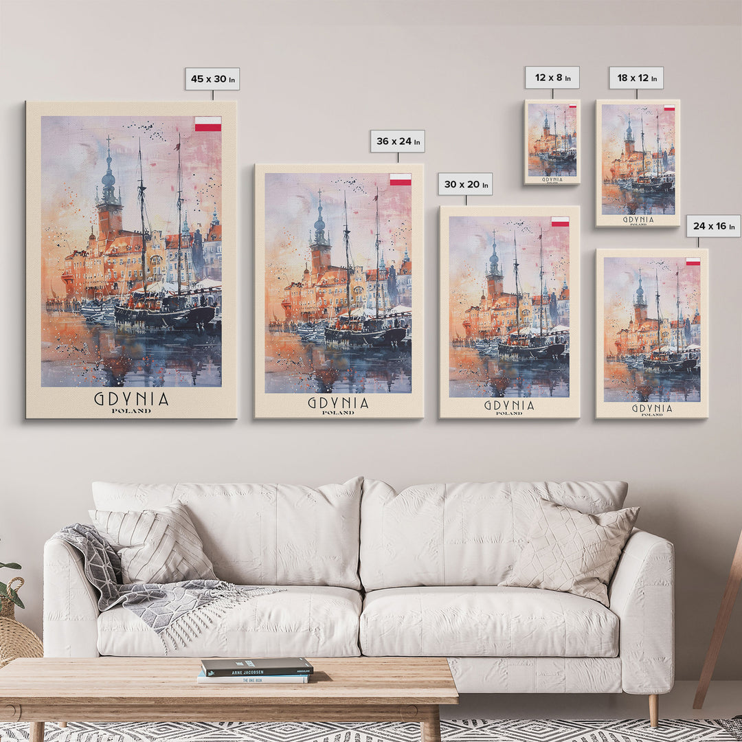 Gdynia, Poland Travel Poster Art, Framed Canvas Print for Living Room or Bedroom, Scenic Harbor Wall Art, Home Decoration