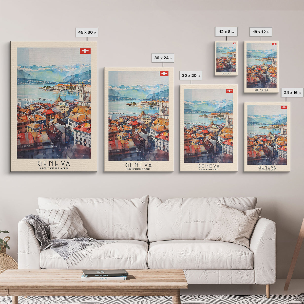 Geneva, Switzerland Travel Poster Art, Framed Canvas Print for Living Room or Bedroom, Scenic Wall Art, Home Decoration