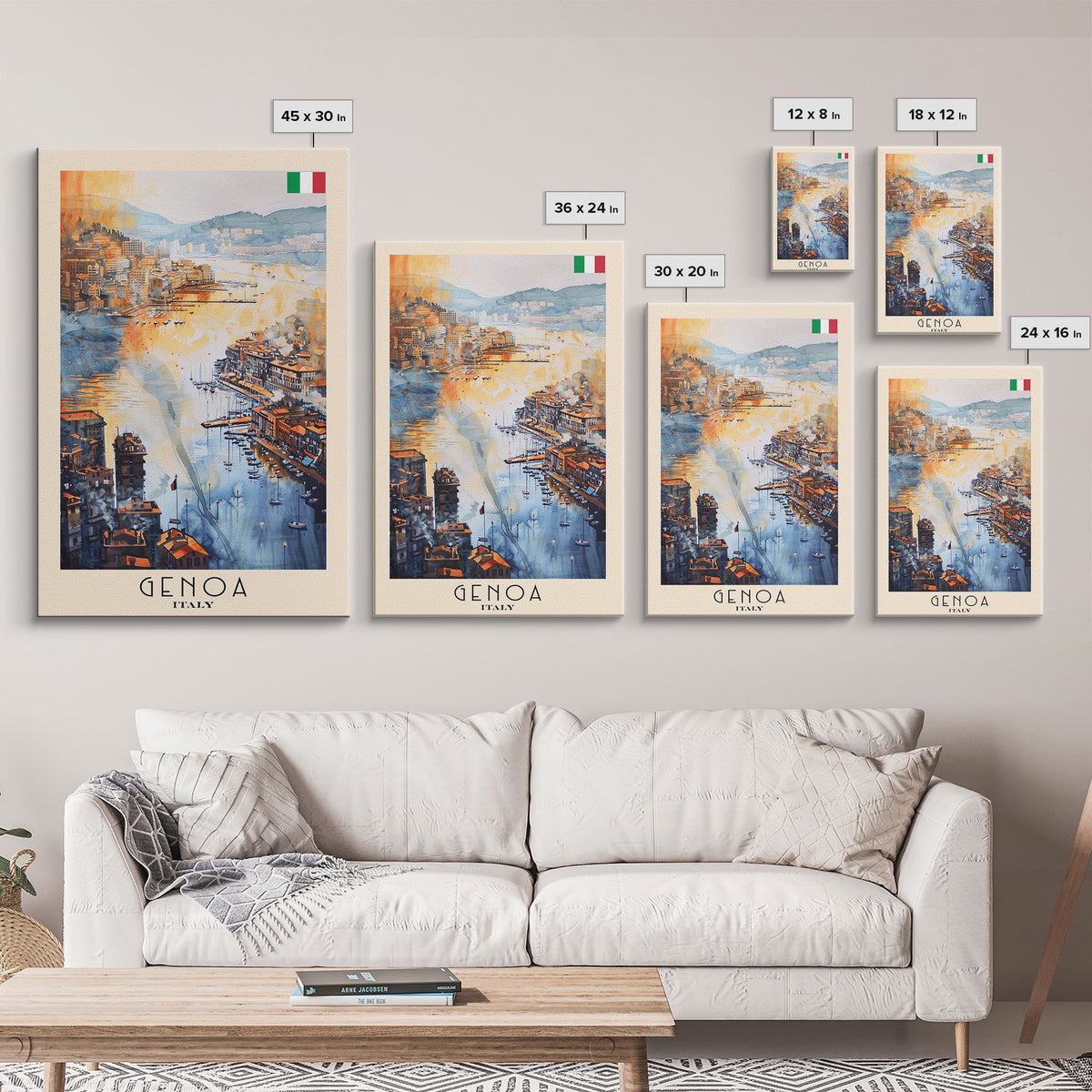 Genoa Italy Watercolor Cityscape Art, Framed Canvas Print, Wall Art for Living Room, Travel Poster Art, Home Decor, Italian Art