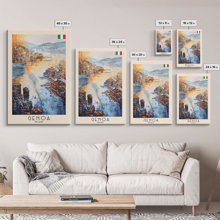 Genoa Italy Watercolor Cityscape Art, Framed Canvas Print, Wall Art for Living Room, Travel Poster Art, Home Decor, Italian Art