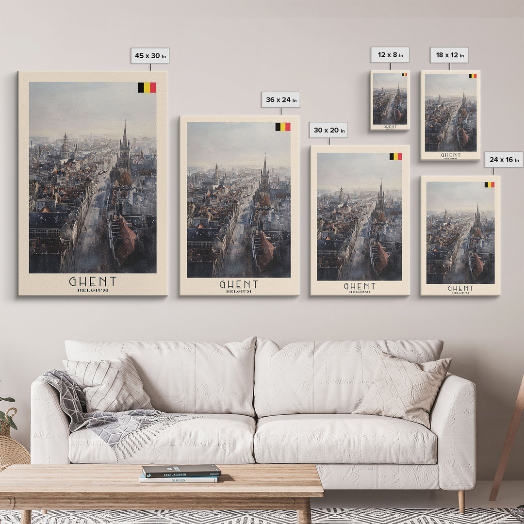 Ghent Belgium Cityscape Art, Framed Canvas Print, Living Room Wall Art, Travel Poster, Home Decoration, European Art
