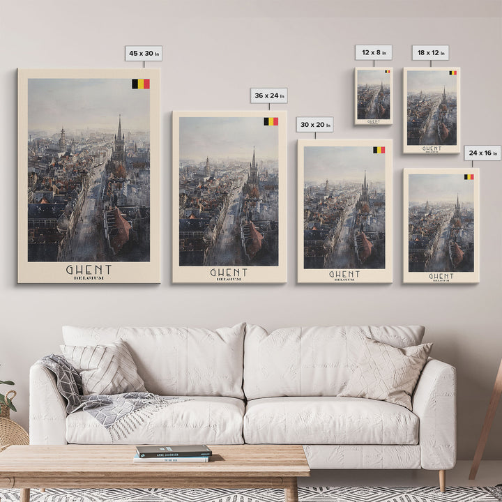 Ghent Belgium Cityscape Art, Framed Canvas Print, Living Room Wall Art, Travel Poster, Home Decoration, European Art
