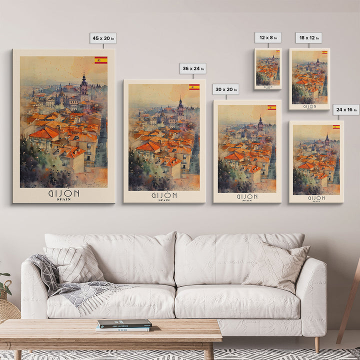 Gijon Spain City View Art, Framed Canvas Print, Bedroom Wall Art, Travel Poster Art, Unique Home Decor