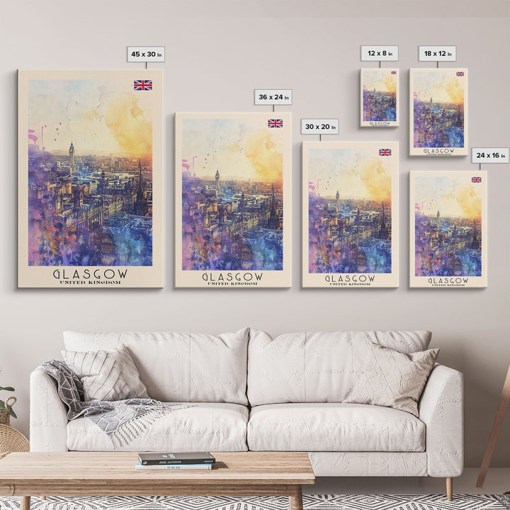 Glasgow United Kingdom Skyline Art, Framed Canvas Print, Living Room Wall Art, Travel Poster, Home Decor, UK Art