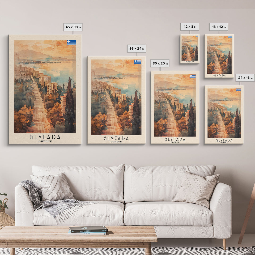 Glyfada Greece Coastline Art, Framed Canvas Print, Living Room Wall Art, Travel Poster, Home Decor, Greek Art