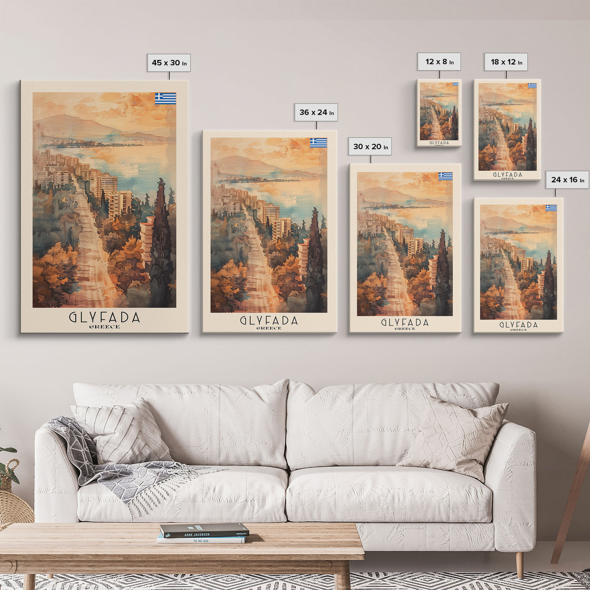 Glyfada Greece Coastline Art, Framed Canvas Print, Living Room Wall Art, Travel Poster, Home Decor, Greek Art