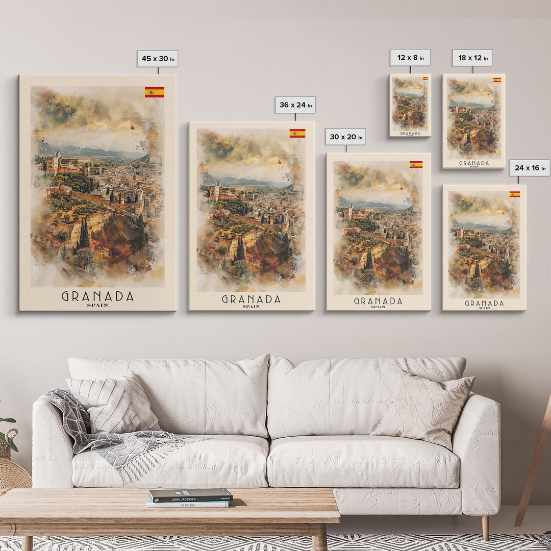 Granada Spain Landscape Art, Framed Canvas Print, Bedroom Wall Art, Travel Poster, Home Decor, Spanish Art