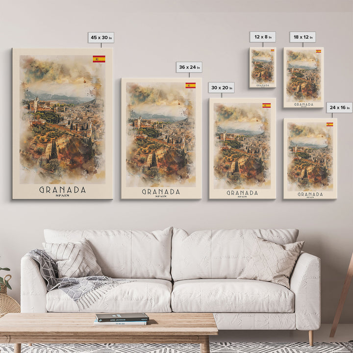 Granada Spain Landscape Art, Framed Canvas Print, Bedroom Wall Art, Travel Poster, Home Decor, Spanish Art