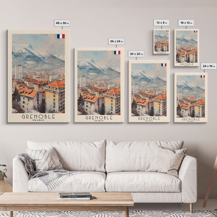 Grenoble France Mountain View Art, Framed Canvas Print, Wall Art for Bedroom, Travel Poster Art, Home Decoration, French Wall Art