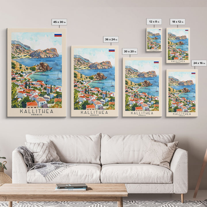 Kallithea Greece Coastal City View, Framed Canvas Print, Travel Poster, Mediterranean Wall Art, Living Room Decor, Greek Cityscape, Seaside Home Decoration