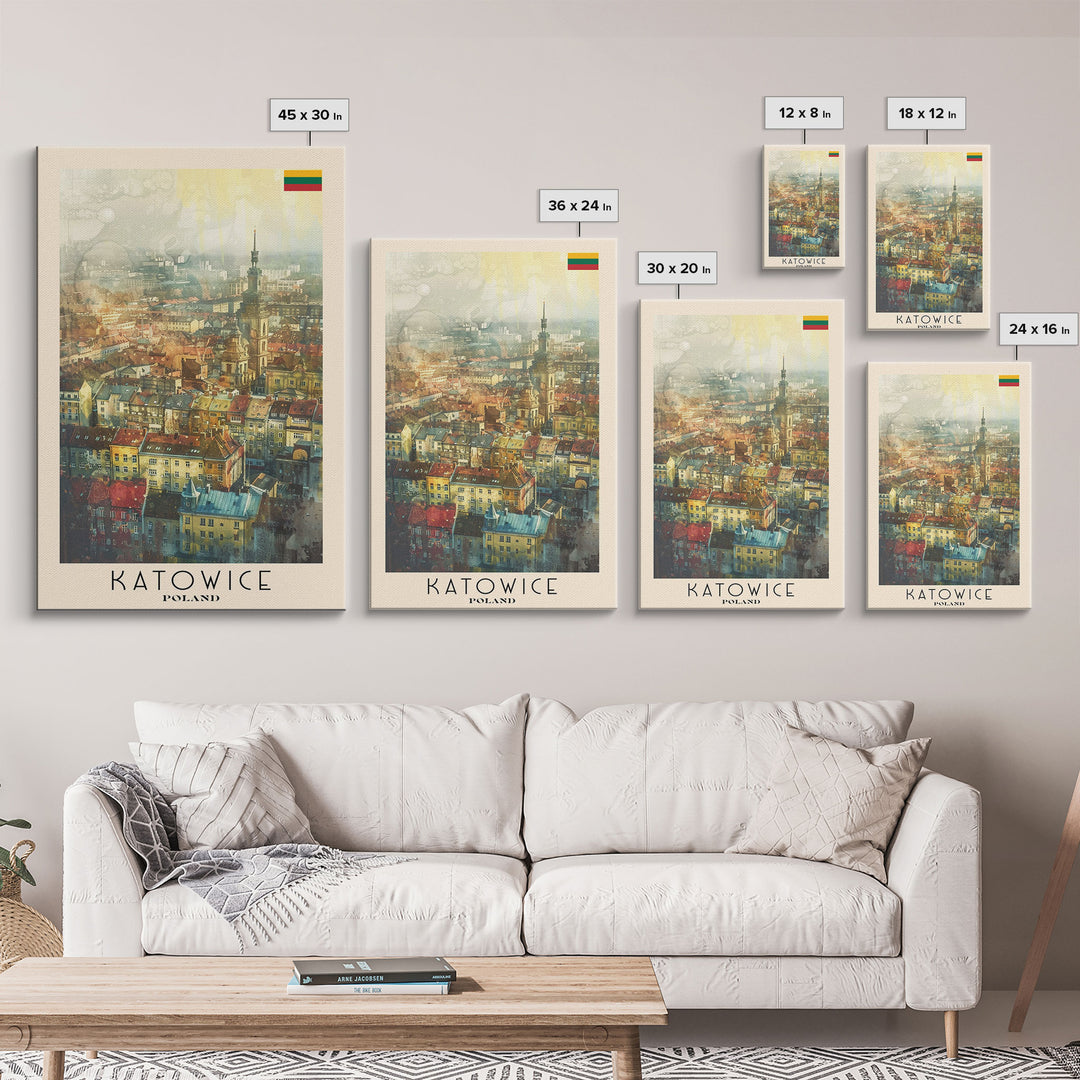 Katowice Poland Cityscape View, Framed Canvas Print, Travel Poster, Wall Art, Home Decoration, Urban Decor, Living Room Art, Polish City
