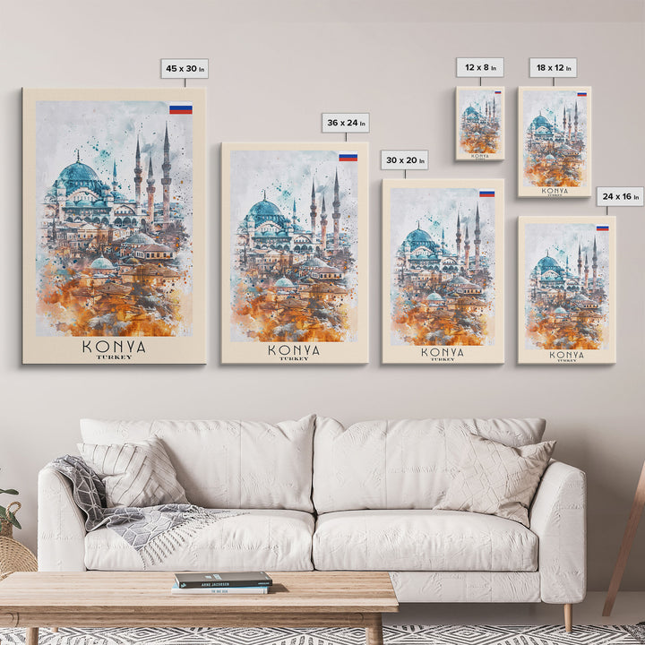 Konya Turkey Historic Cityscape, Framed Canvas Print, Travel Poster, Wall Art, Living Room Decoration, Turkish Heritage Artwork, Historical City Scene
