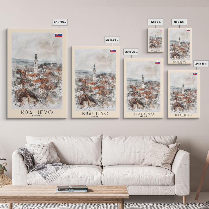 Kraljevo Serbia Travel Poster Framed Canvas Print, Urban Landscape, Watercolor Wall Art, Home Decor, Original Art, Travel Print