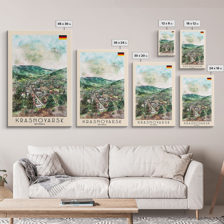 Krasnoyarsk Russia Travel Poster Framed Canvas Print, Watercolor Cityscape, Home Decor, Wall Art, Scenic Painting, Travel Print, Artistic Gift