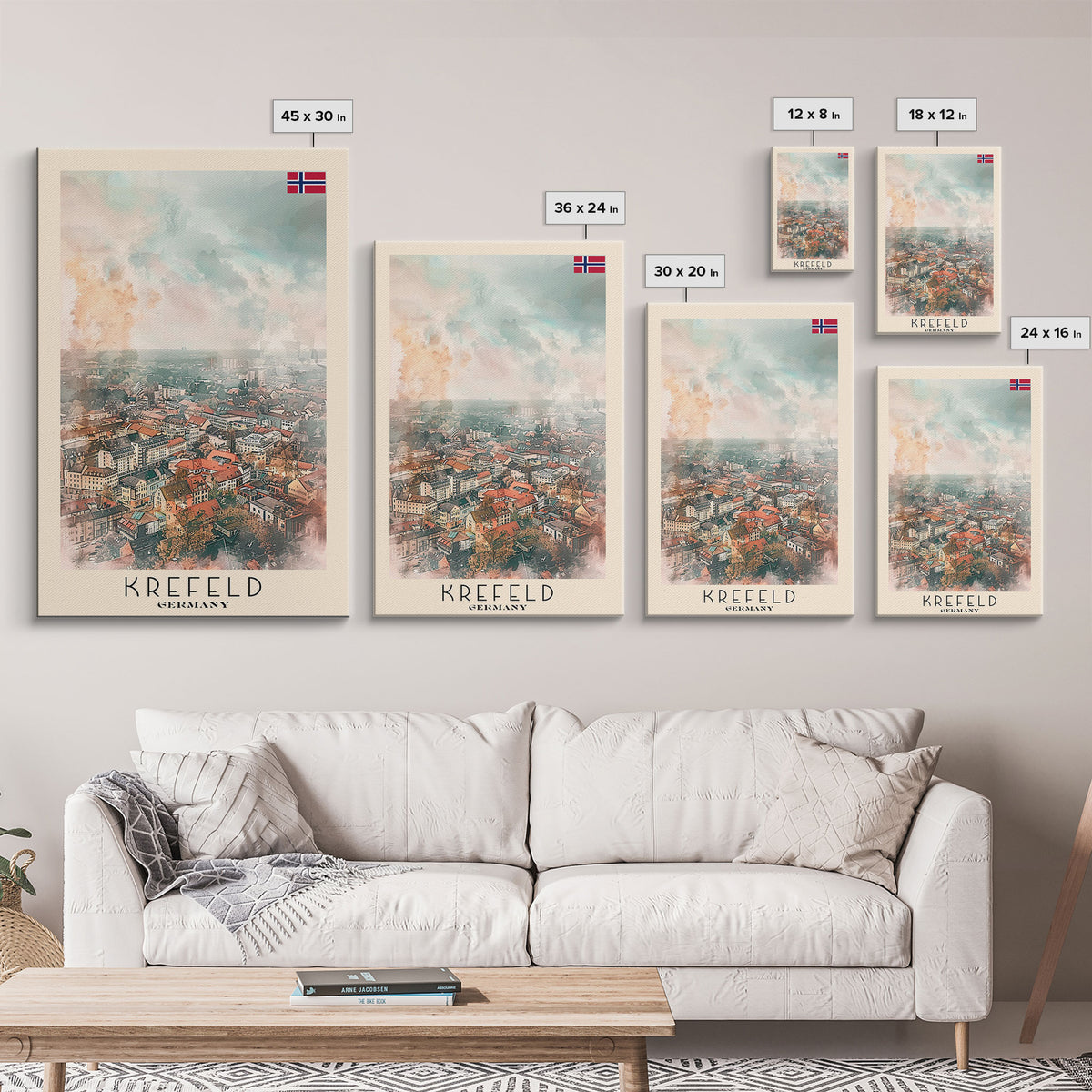 Krefeld Germany Travel Poster Framed Canvas Print, Urban Landscape, Minimalist Wall Art, Home Decor, Original Painting, Travel Print