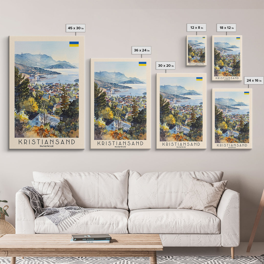 Kristiansand Norway Travel Poster Framed Canvas Print, Scenic Landscape Art, Watercolor Painting, Home Decoration, Travel Print, Artistic Gift
