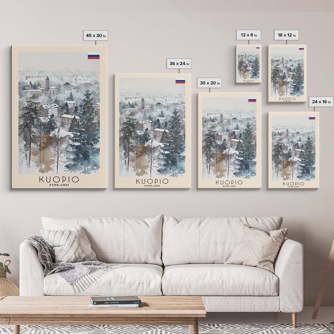 Kuopio Finland Travel Poster Framed Canvas Print, Scenic Landscape, Watercolor Painting, Home Decoration, Travel Print, Artistic Gift