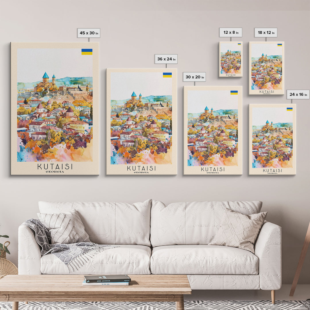 Kutaisi Georgia Travel Poster Framed Canvas Print, Scenic Landscape, Watercolor Art, Wall Decor, Home Decoration, Travel Print, Original Art