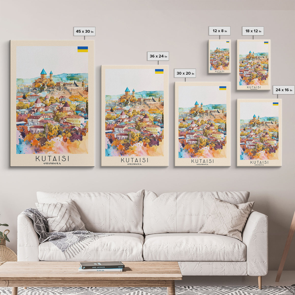 Kutaisi Georgia Travel Poster Framed Canvas Print, Scenic Landscape, Watercolor Art, Wall Decor, Home Decoration, Travel Print, Original Art