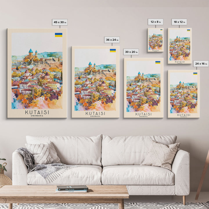 Kutaisi Georgia Travel Poster Framed Canvas Print, Scenic Landscape, Watercolor Art, Wall Decor, Home Decoration, Travel Print, Original Art