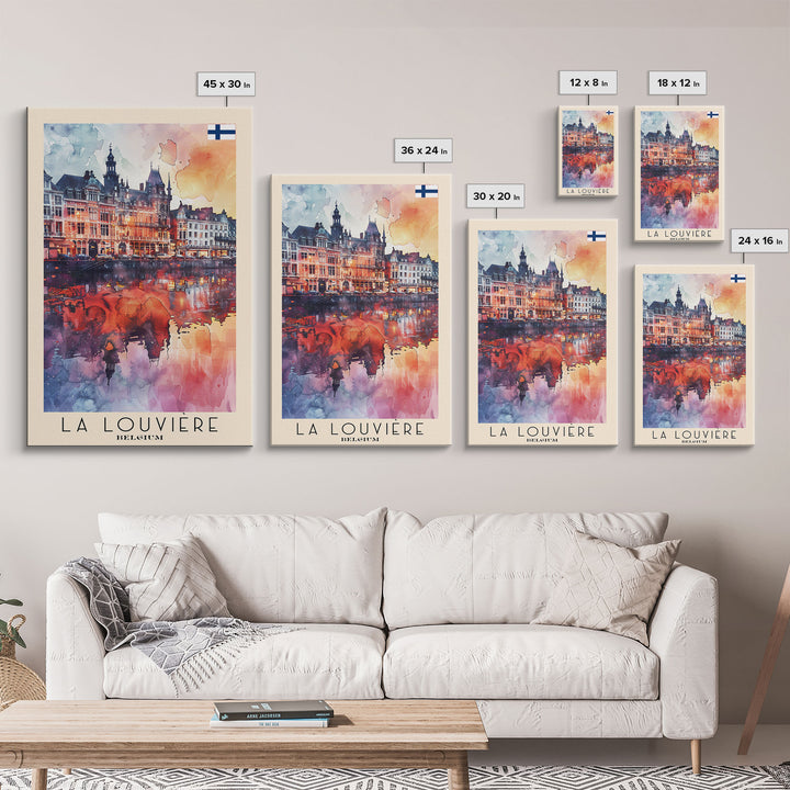 La Louviere Belgium Travel Poster Framed Canvas Print, Urban Landscape, Watercolor Art, Wall Decor, Home Decor, Travel Print, Original Art