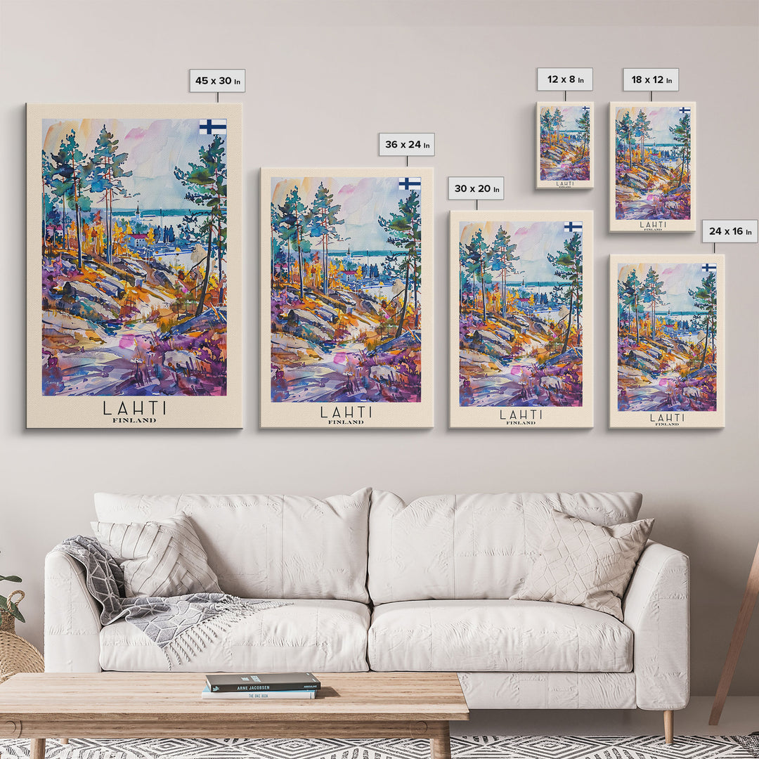 Lahti Finland Travel Poster Framed Canvas Print, Scenic Landscape, Watercolor Art, Wall Decor, Home Decoration, Travel Print, Original Painting