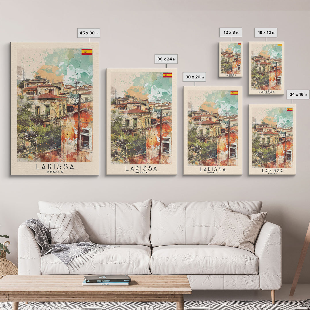 Larissa Greece Travel Poster Framed Canvas Print, Urban Landscape, Watercolor Art, Wall Decor, Home Decoration, Travel Print, Original Art