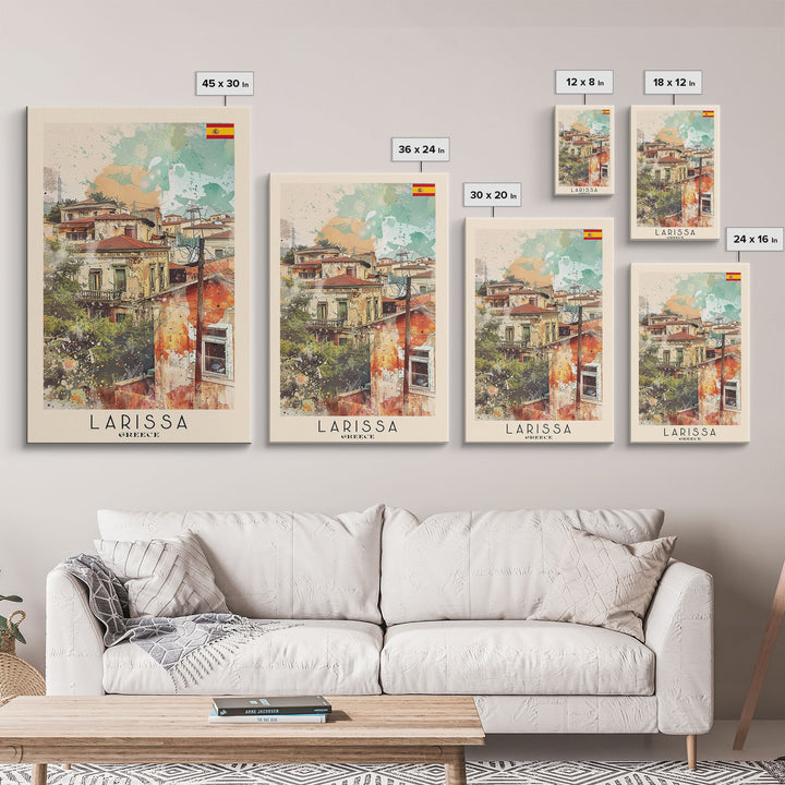 Larissa Greece Travel Poster Framed Canvas Print, Urban Landscape, Watercolor Art, Wall Decor, Home Decoration, Travel Print, Original Art