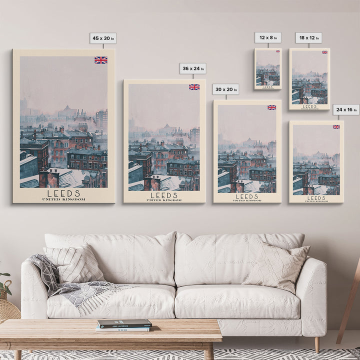 Leeds United Kingdom Travel Poster Framed Canvas Print, Urban Cityscape, Watercolor Art, Wall Decoration, Travel Print, Unique Art Gift