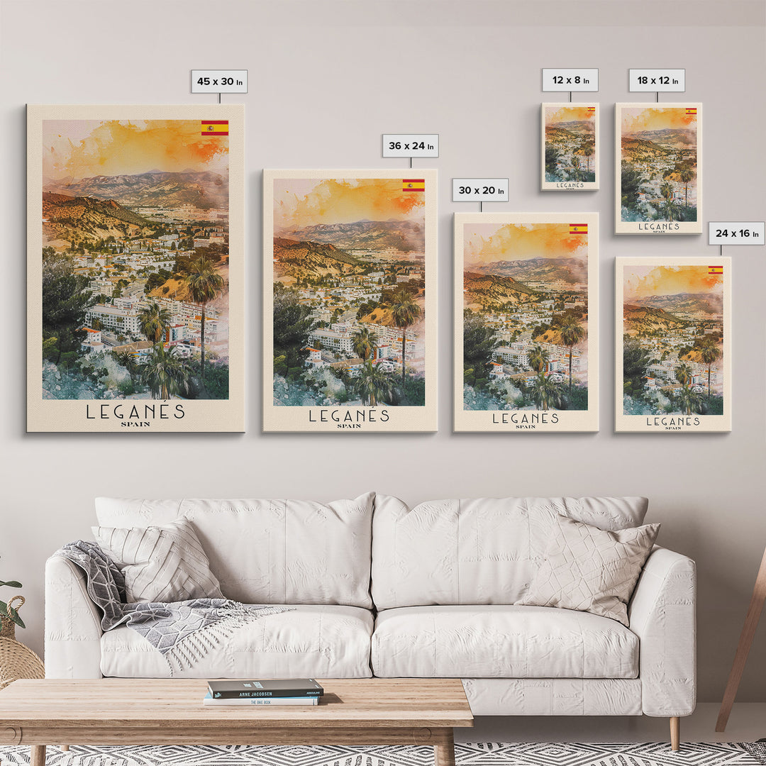 Leganes Spain Travel Poster Framed Canvas Print, Vibrant Cityscape, Watercolor Painting, Wall Art, Home Decor, Travel Print, Artistic Gift