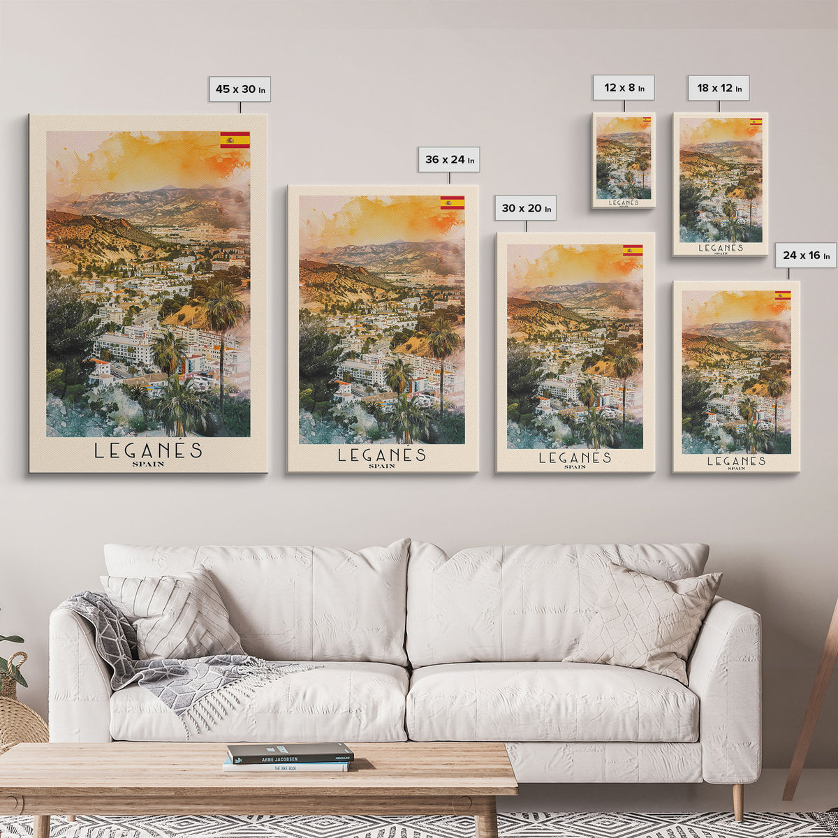 Leganes Spain Travel Poster Framed Canvas Print, Vibrant Cityscape, Watercolor Painting, Wall Art, Home Decor, Travel Print, Artistic Gift