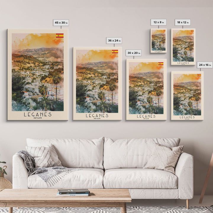 Leganes Spain Travel Poster Framed Canvas Print, Vibrant Cityscape, Watercolor Painting, Wall Art, Home Decor, Travel Print, Artistic Gift