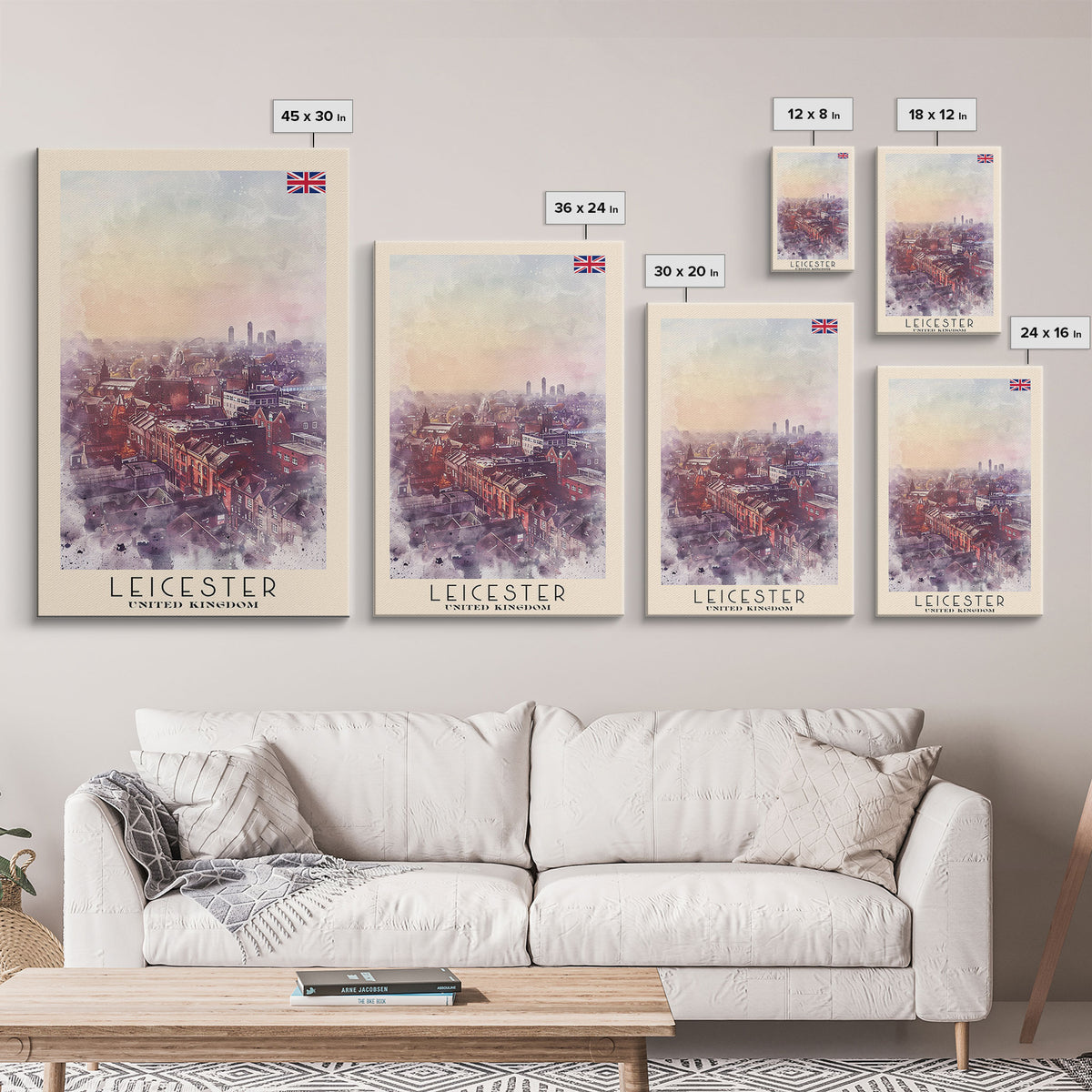 Leicester United Kingdom Travel Poster Framed Canvas Print, Historic Cityscape, Watercolor Art, Wall Decor, Home Decoration, Travel Print, Original Art