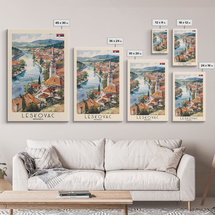 Leskovac Serbia Travel Poster Framed Canvas Print, Watercolor Cityscape, Wall Art, Home Decoration, Travel Print, Original Art, Artistic Gift