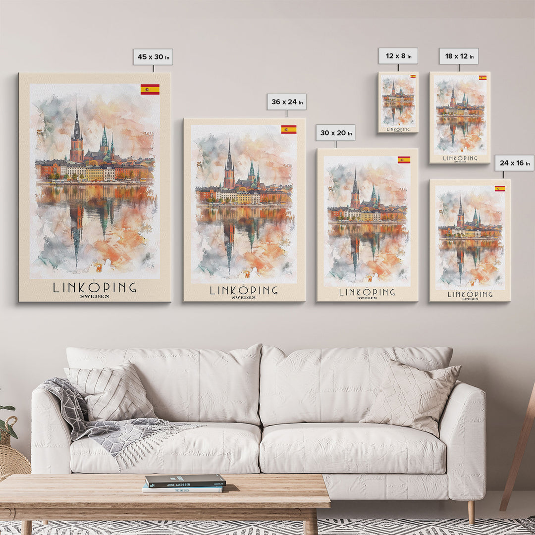 Linköping Sweden Travel Poster Framed Canvas Print, Urban Landscape, Watercolor Art, Wall Decor, Home Decoration, Travel Print, Original Art