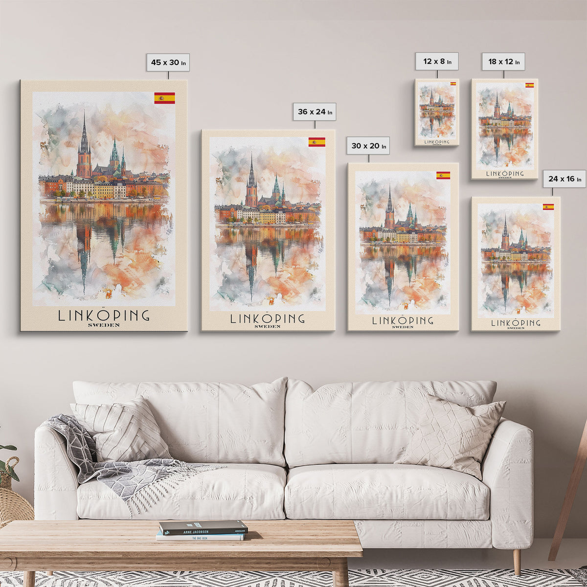 Linköping Sweden Travel Poster Framed Canvas Print, Urban Landscape, Watercolor Art, Wall Decor, Home Decoration, Travel Print, Original Art