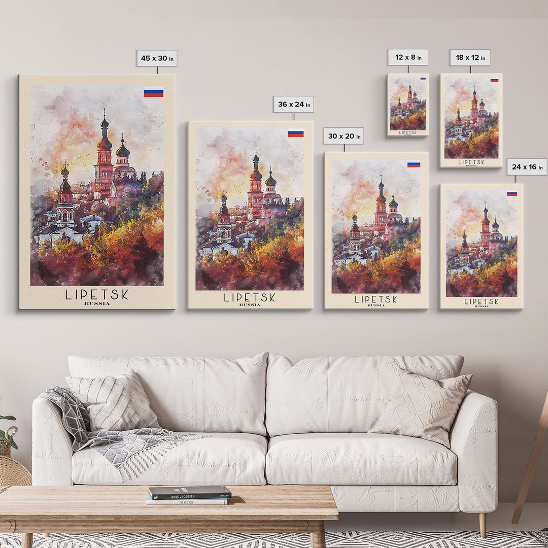 Lipetsk Russia Travel Poster Framed Canvas Print, Urban Landscape, Watercolor Art, Wall Decoration, Home Decor, Travel Print, Original Art