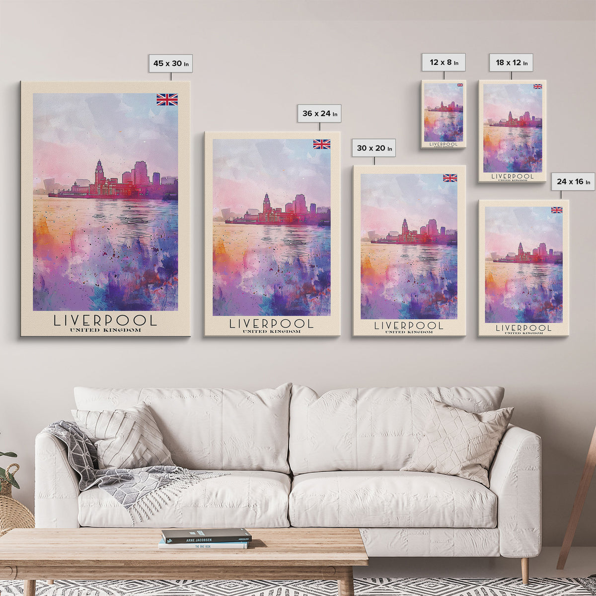 Liverpool United Kingdom Travel Poster Framed Canvas Print, Historic Cityscape, Watercolor Art, Wall Decor, Home Decoration, Travel Print, Original Art