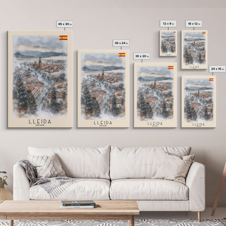 Lleida Spain Travel Poster Framed Canvas Print, Urban Landscape, Watercolor Art, Wall Decor, Home Decoration, Travel Print, Original Art