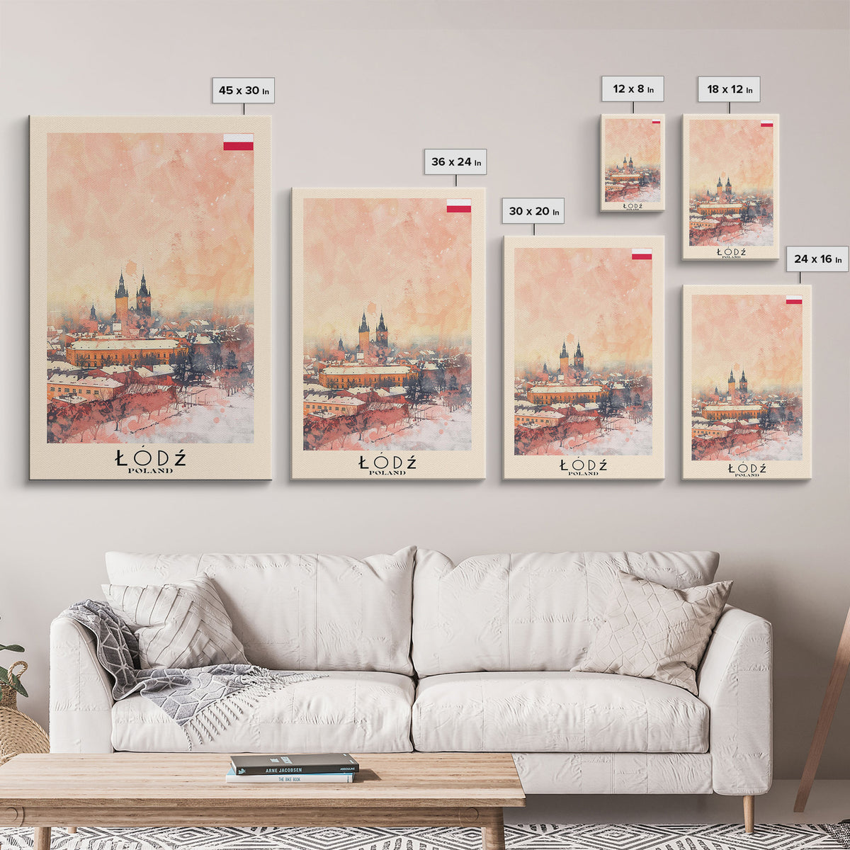 Lodz Poland Travel Poster Framed Canvas Print, Historic Cityscape, Watercolor Painting, Wall Art, Home Decor, Travel Print, Artistic Gift