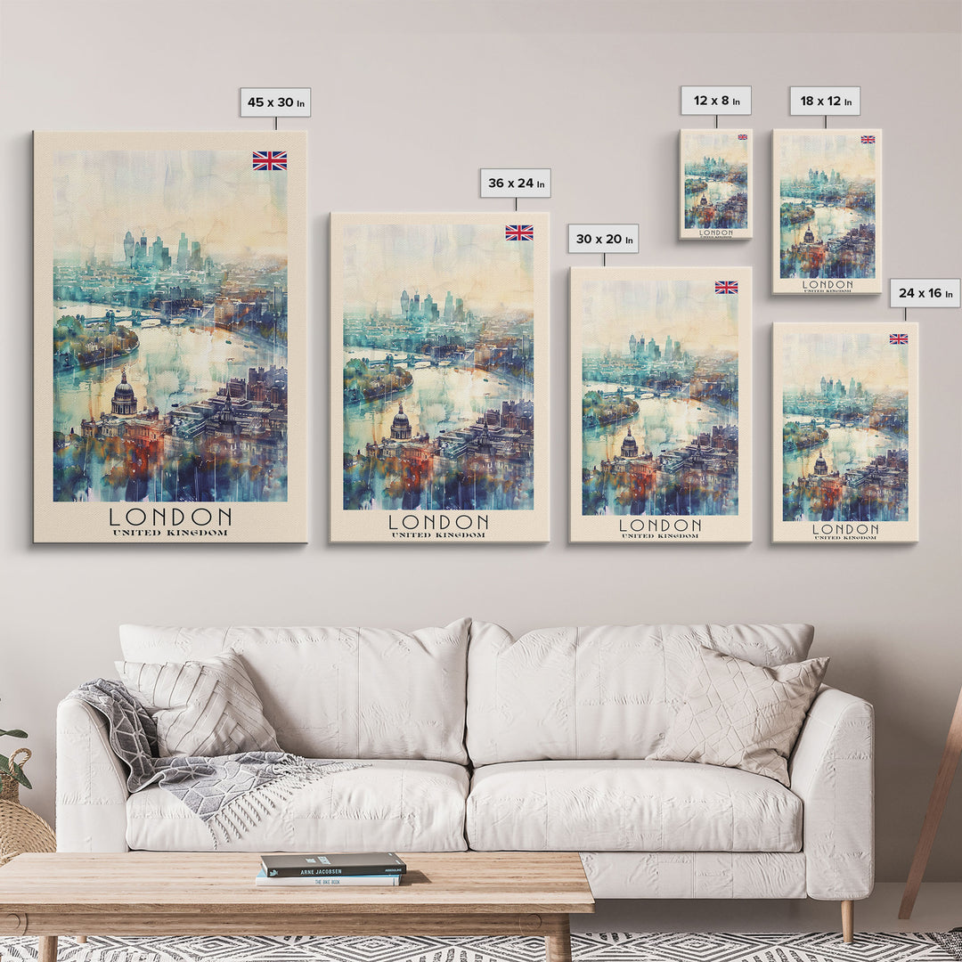 London United Kingdom Travel Poster Framed Canvas Print, Iconic Cityscape, Watercolor Art, Wall Decor, Home Decoration, Travel Print, Artistic Gift