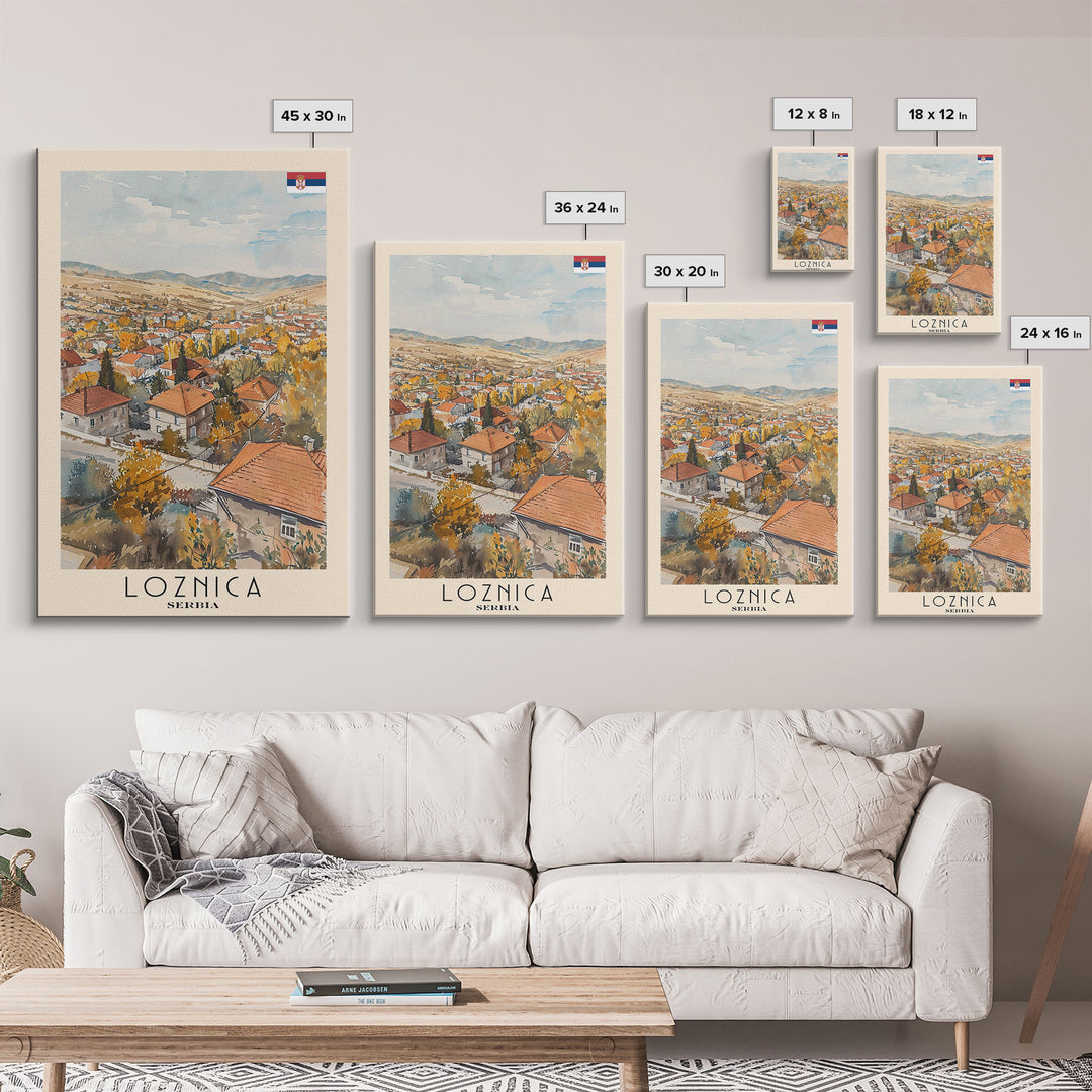 Loznica Serbia Travel Poster Framed Canvas Print, Urban Landscape, Watercolor Art, Wall Decor, Home Decoration, Travel Print, Original Art