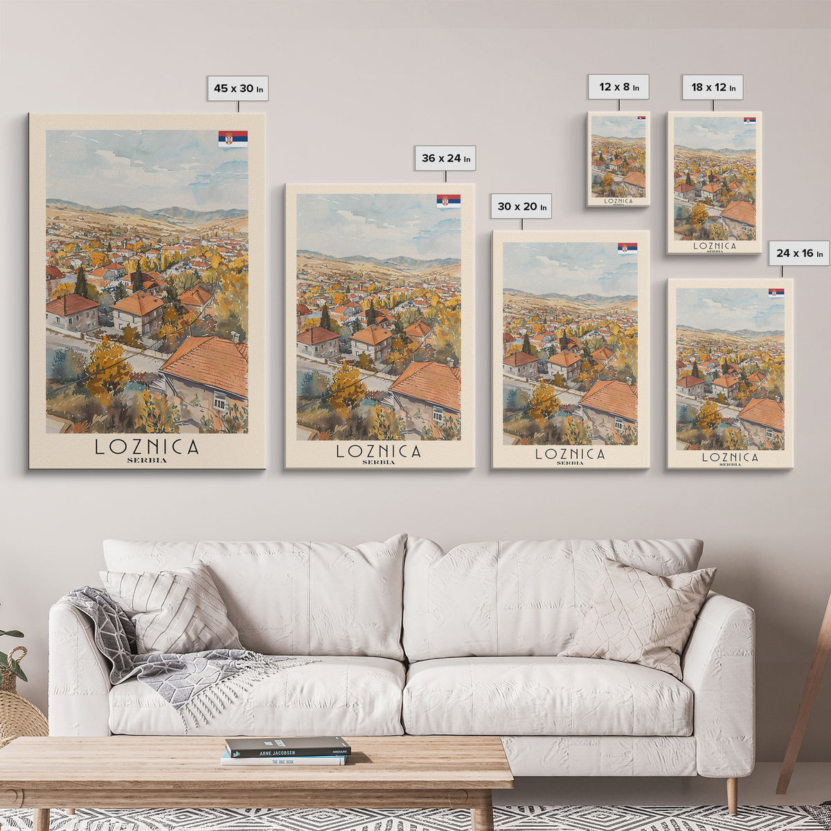 Loznica Serbia Travel Poster Framed Canvas Print, Urban Landscape, Watercolor Art, Wall Decor, Home Decoration, Travel Print, Original Art