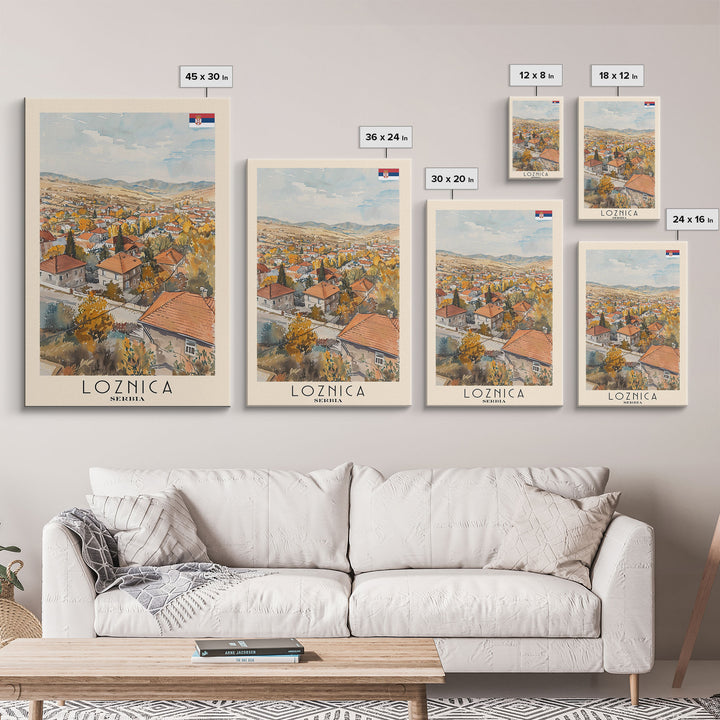 Loznica Serbia Travel Poster Framed Canvas Print, Urban Landscape, Watercolor Art, Wall Decor, Home Decoration, Travel Print, Original Art