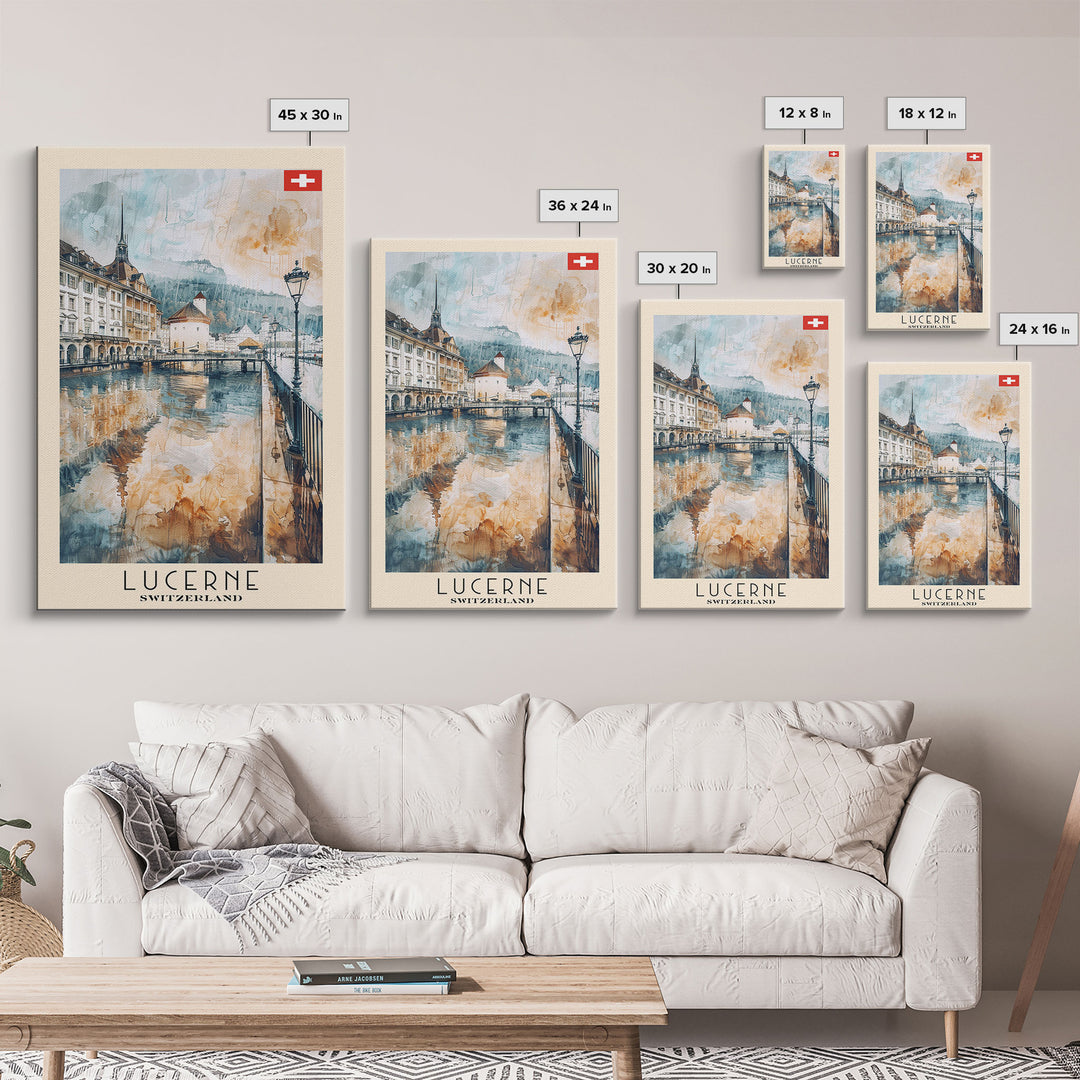 Lucerne Switzerland Travel Poster Framed Canvas Print, Scenic Landscape, Watercolor Art, Wall Decoration, Home Decor, Travel Print, Original Painting