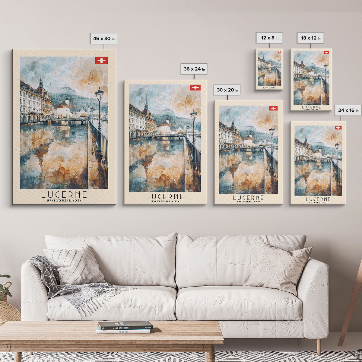 Lucerne Switzerland Travel Poster Framed Canvas Print, Scenic Landscape, Watercolor Art, Wall Decoration, Home Decor, Travel Print, Original Painting