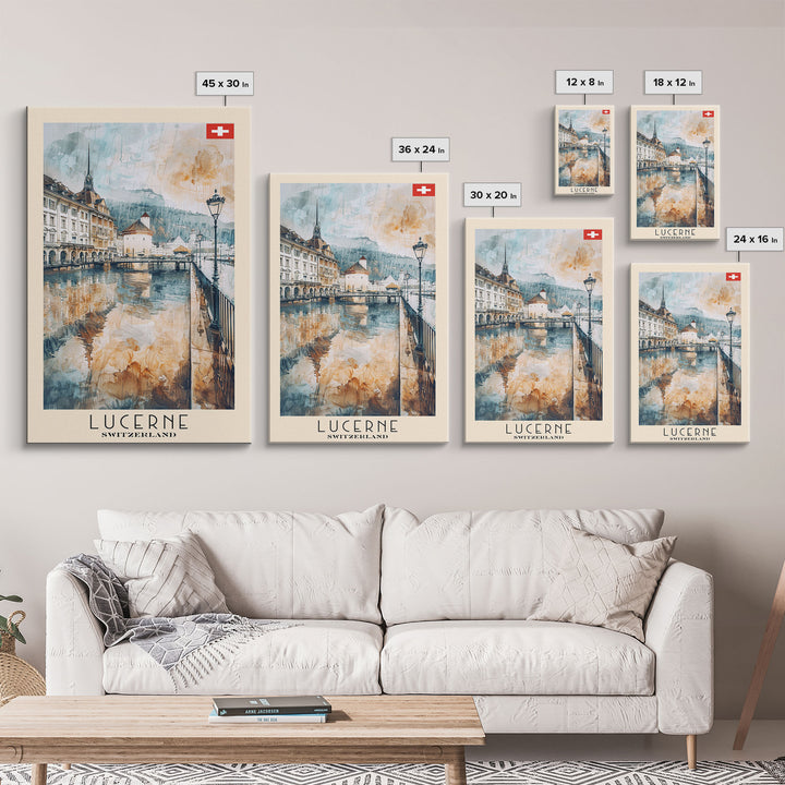 Lucerne Switzerland Travel Poster Framed Canvas Print, Scenic Landscape, Watercolor Art, Wall Decoration, Home Decor, Travel Print, Original Painting
