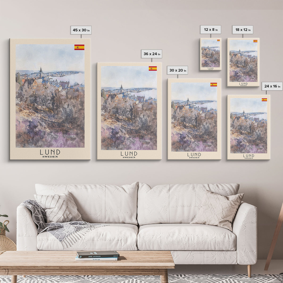 Lund Sweden Travel Poster Framed Canvas Print, Historic Cityscape, Watercolor Art, Wall Decor, Home Decoration, Travel Print, Original Art