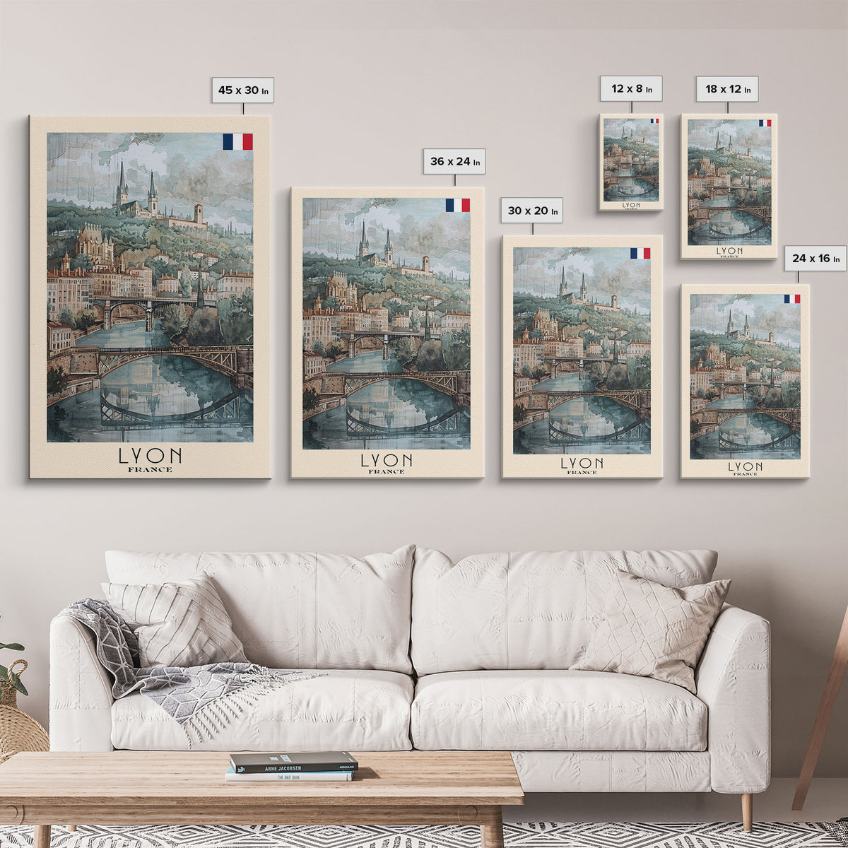 Lyon France Travel Poster Framed Canvas Print, Historic Cityscape, Watercolor Art, Wall Hanging, Home Decor, Travel Print, Art Collectible